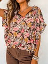 Pink Blossom Split Neck Blouse with Bubble Hem