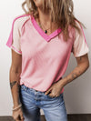Pink Colorblock Knit V-Neck T-shirt with Exposed Seam