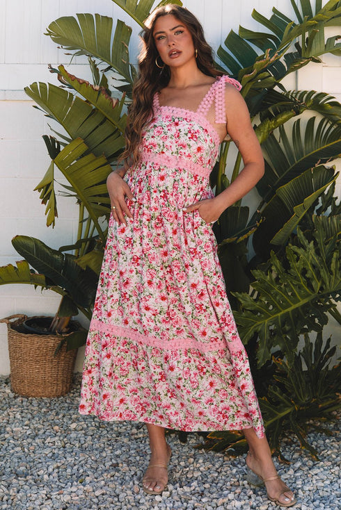 Women's Pink Floral Lace-Trim Viscose A-Line Maxi Dress