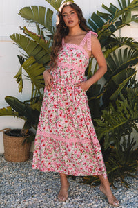 Women's Pink Floral Lace-Trim Viscose A-Line Maxi Dress