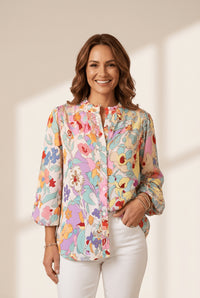Women's Pink Floral Patchwork Ruffle Blouse with Bishop Sleeves