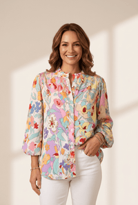 Women's Pink Floral Patchwork Ruffle Blouse with Bishop Sleeves