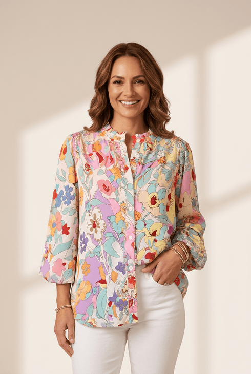 Women's Pink Floral Patchwork Ruffle Blouse with Bishop Sleeves