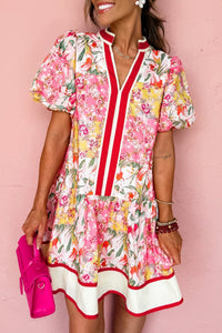 Pink Floral Print Mini Dress for Women - V-Neck, Ruffle Hem, Contrast Trim, Ideal for Spring and Summer Outings