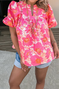 Women's Pink Floral Print Short Bubble Sleeve Blouse for Women - Trendy Summer Casual Top with Flattering Fit