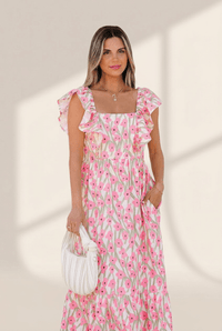 Women's Pink Floral Ruffle Maxi Dress with Square Neckline