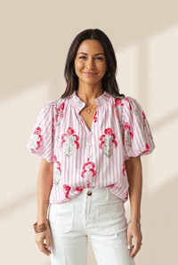 Women's Pink Floral Stripe Smocked Neck Blouse with Puff Sleeves