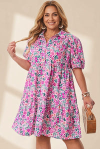 Women's Pink Floral Tiered Plus Size Mini Dress with Puff Sleeves