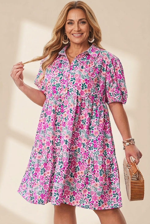 Women's Pink Floral Tiered Plus Size Mini Dress with Puff Sleeves