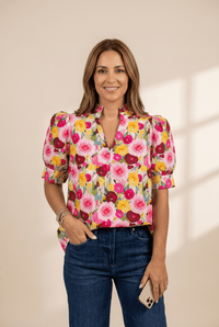 Women's Pink Floral V-Neck Blouse with Puff Sleeves