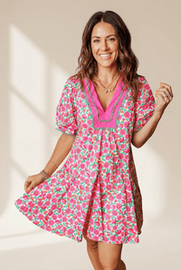 Women's Pink Floral V-Neck Mini Dress with Bubble Sleeves