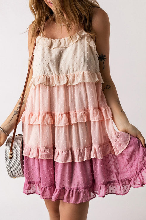 Pink Gradient Swiss Dot Ruffle Mini Dress