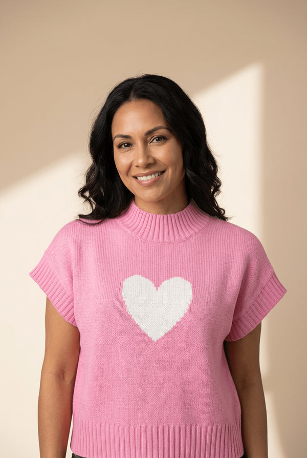 Women's Pink Heart Intarsia Knit Short Sleeve Mock Neck Sweater
