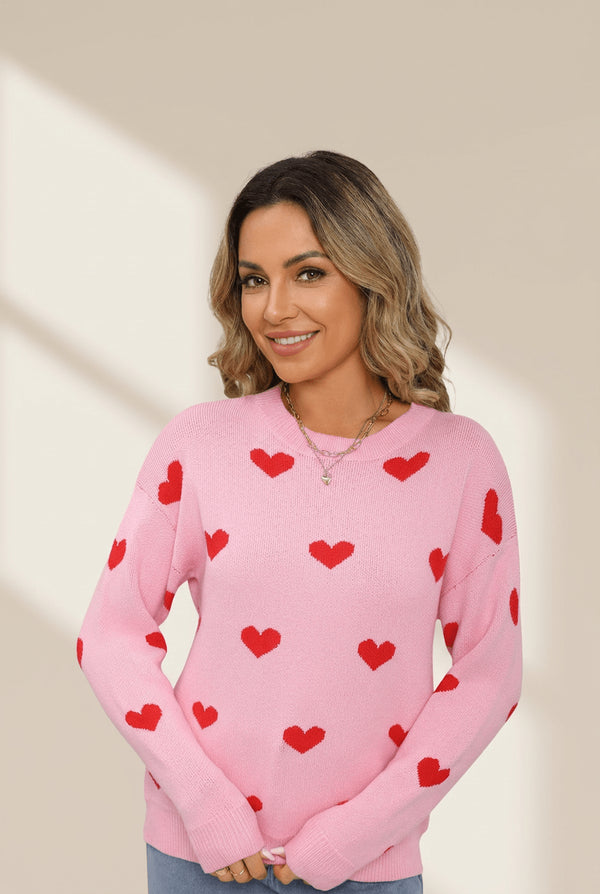 Women's Pink Heart Intarsia Knit Sweater with Drop Shoulders