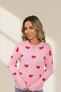 Women's Pink Heart Intarsia Knit Sweater with Drop Shoulders