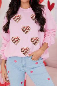 Women's Pink Heart Sequin Cotton Blend Sweatshirt - Soft Round Neck