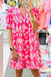 Pink Leopard Abstract Tiered Shift Dress with Puff Sleeves