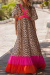Pink Leopard Colorblock Patchwork Bubble Sleeve Maxi Dress with a Vibrant Twist