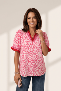 Women's Pink Leopard Ruffle V-Neck Blouse with Colorblock Trim