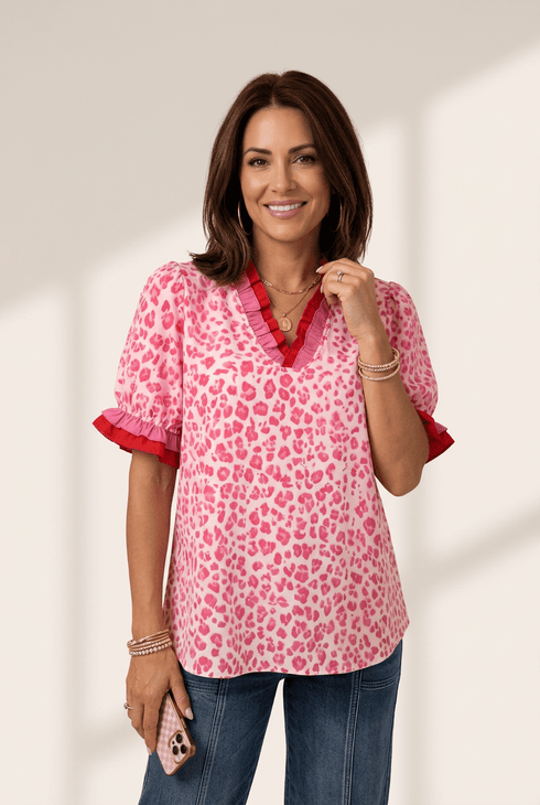 Women's Pink Leopard Ruffle V-Neck Blouse with Colorblock Trim