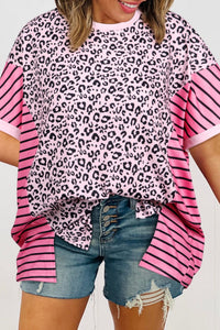 Women's Pink Leopard and Stripe Patchwork Short Sleeve Blouse with practical styling and dependable silhouette control.