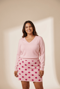 Pink Polka Dot V-Neck Pullover & Mini Skirt Set