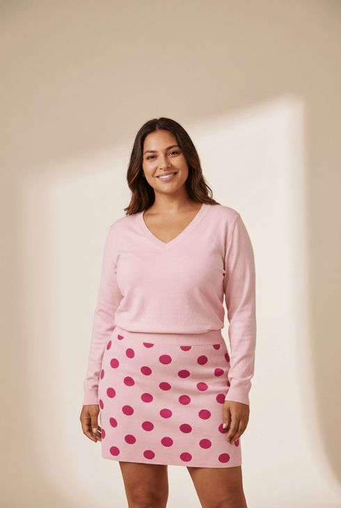 Pink Polka Dot V-Neck Pullover & Mini Skirt Set