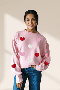 Women's Pink Ribbed Chenille Heart Patch Pullover Top