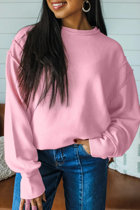 Women's Pink Ribbed Drop Shoulder Pullover with Exposed Seams