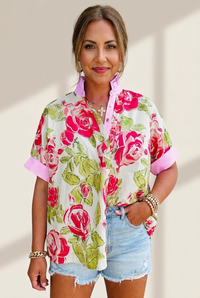 Women's Pink Rose Floral Cotton Shirt with Striped Frill Collar
