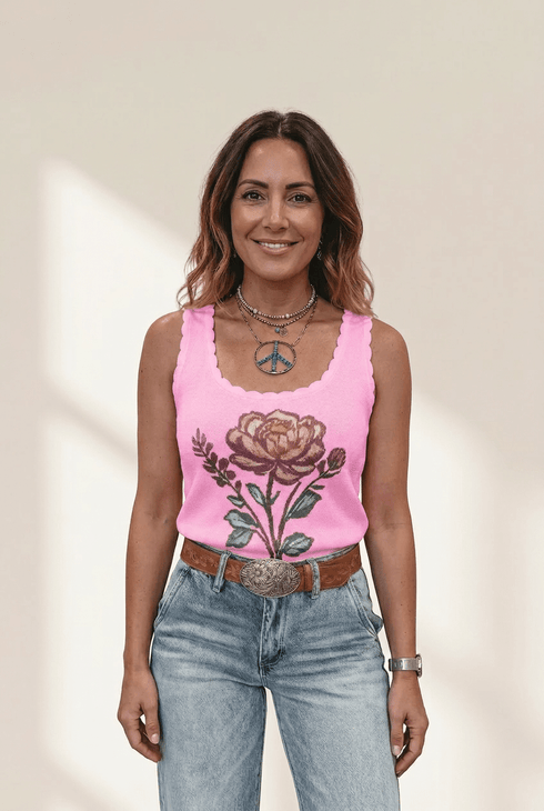 Women's Pink Scalloped Rose Intarsia Knit Sweater Vest made for easy styling and wardrobe coordination, with premium-like structure and finish.
