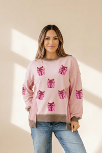 Women's Pink Sequin Gift Box Sweatshirt with Waffle Knit Detail