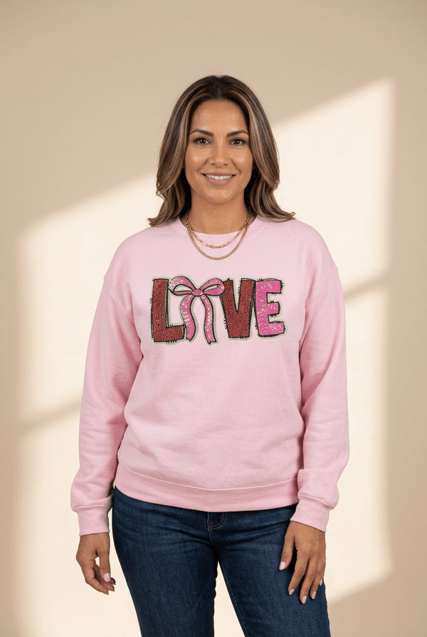 Women's Pink Sequin LOVE Sweatshirt with Bow Detail