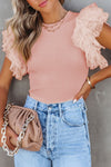 Pink Sheer Mesh Sleeve Ribbed Knit Top
