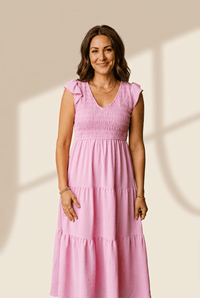 Women's Pink Smocked Bodice Flutter Sleeve Tiered Midi Dress