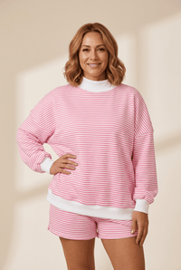 Women's Pink Stripe Oversized Mock Neck Sweatshirt and Shorts Set with practical styling and dependable silhouette control.