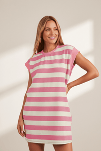 Women's Pink Striped Cap Sleeve Shift Dress in Cotton Blend