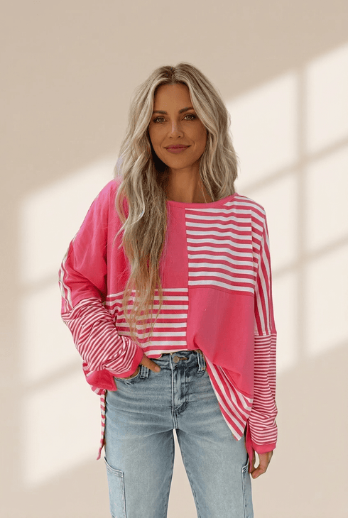 Women's Pink Striped Colorblock Cotton Tunic with Drop Shoulder