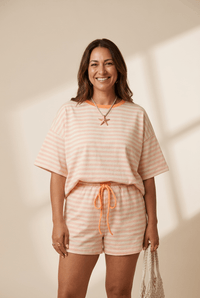 
Women's Pink Striped Cotton Jersey Tee and Drawstring Shorts Set