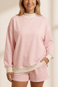 Women's Pink Striped Cotton Mock Neck Sweatshirt and Shorts Set with practical styling and dependable silhouette control.