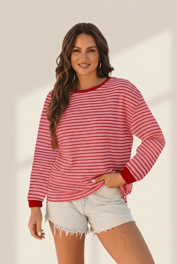 Women's Pink Striped Drop Shoulder Knit Pullover