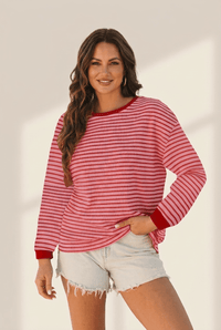 Women's Pink Striped Drop Shoulder Knit Pullover