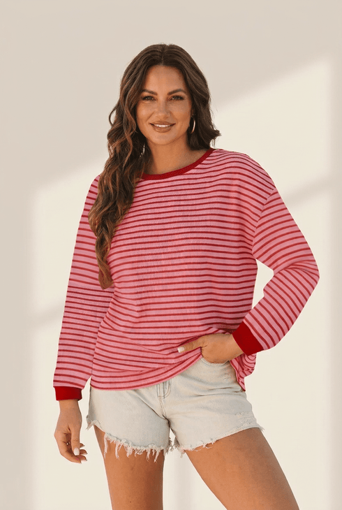 Women's Pink Striped Drop Shoulder Knit Pullover