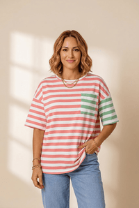 Women's Pink Striped Drop Shoulder Tee with Contrast Sage Pocket