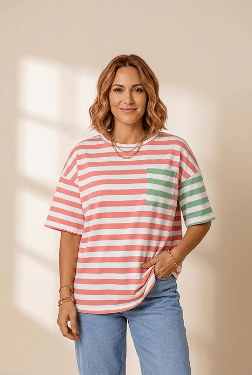 Women's Pink Striped Drop Shoulder Tee with Contrast Sage Pocket