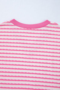 Pink Stripe Textured Knit Contrast Trim V Neck Short Sleeve Top