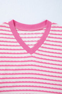 Pink Stripe Textured Knit Contrast Trim V Neck Short Sleeve Top