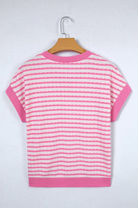 Pink Stripe Textured Knit Contrast Trim V Neck Short Sleeve Top