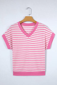 Pink Stripe Textured Knit Contrast Trim V Neck Short Sleeve Top