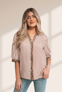 Women's Pink Striped V-Neck Blouse with Leopard Trim and Half Sleeves with practical styling and dependable silhouette control.